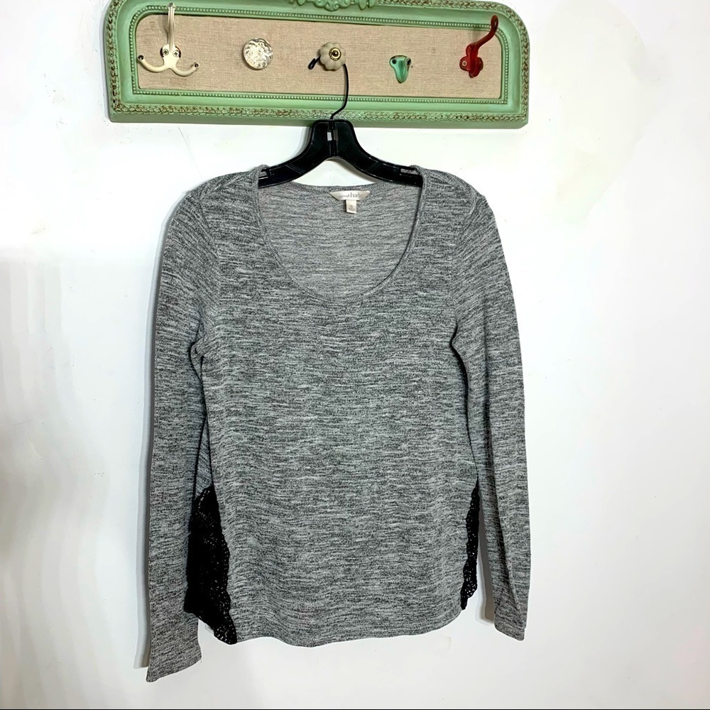 Charming Charlie gray long sleeve stretch knit lace insert pull over small